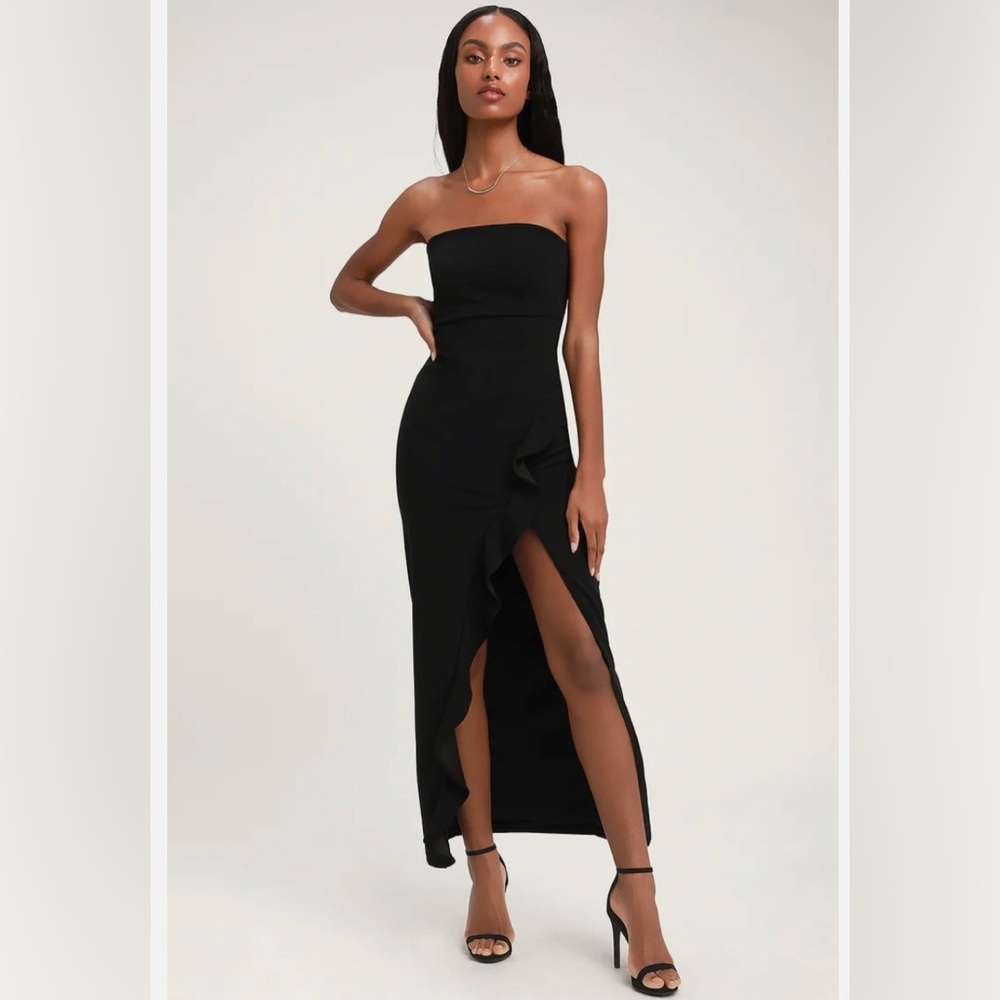 After Hours Black Strapless Ruffled Maxi Dress
